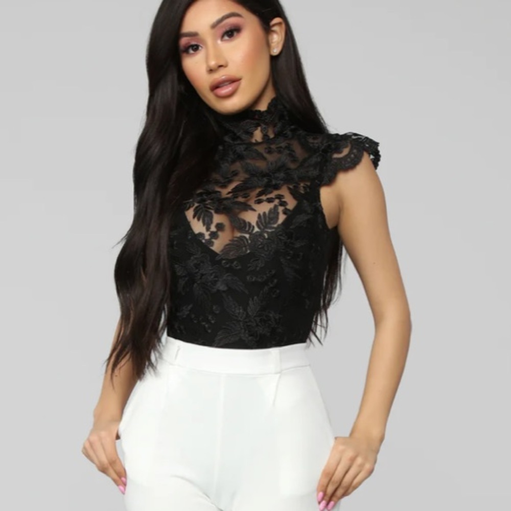 Fashion Nova Black Lace High-Neck Bodysuit